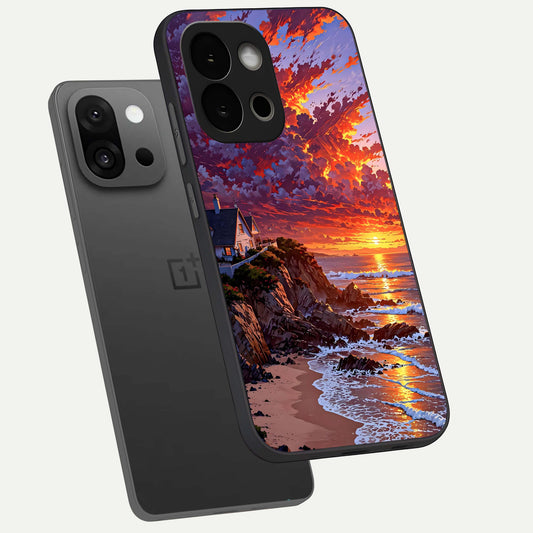  Sunset House By Sea phone case For OnePlus 13S showing premium glass back cover with detailed artwork