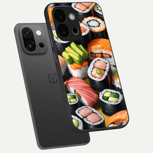  Sushi Food Pattern phone case For OnePlus 13S showing premium glass back cover with detailed artwork