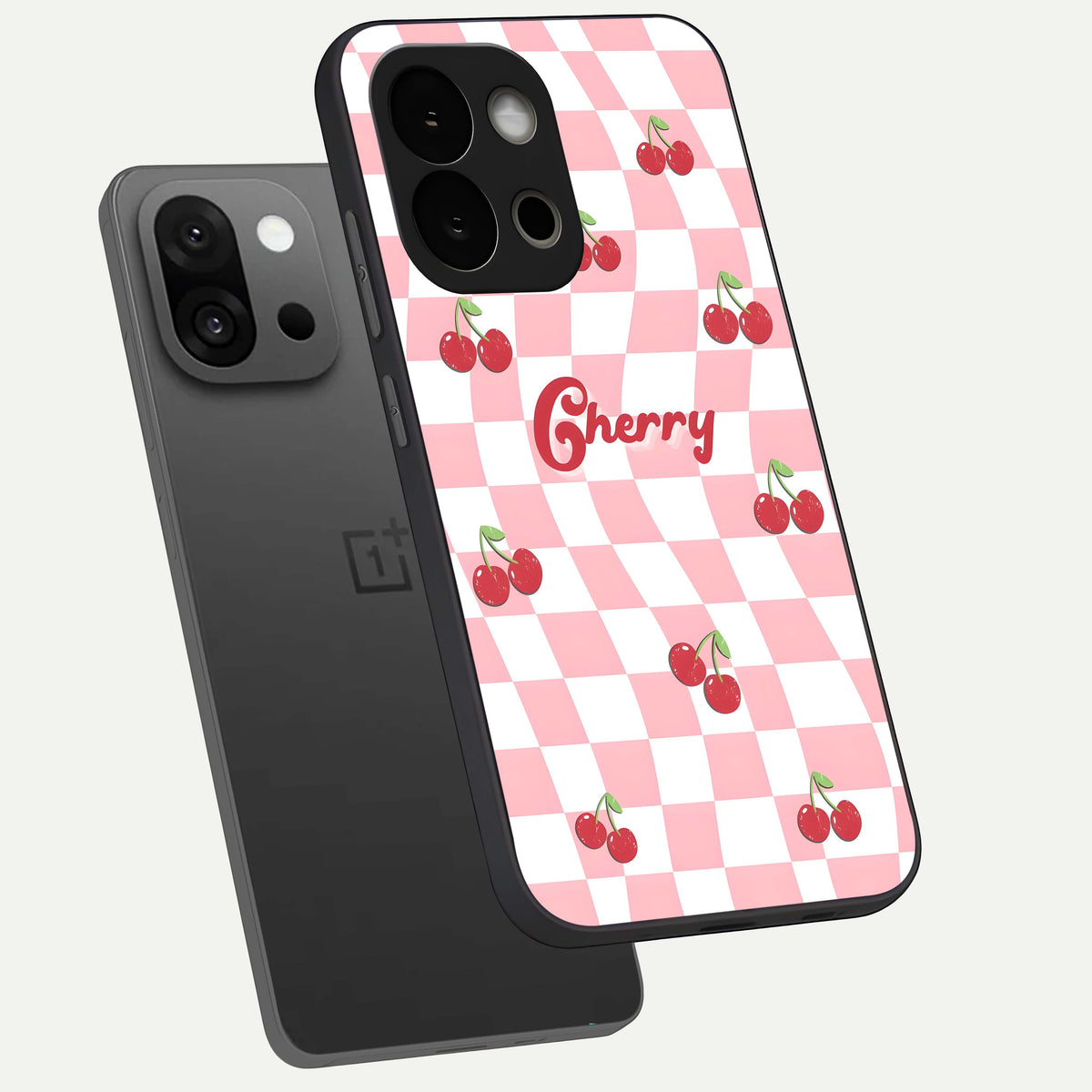  Sweet Cherry Vibes phone case For OnePlus 13S showing premium glass back cover with detailed artwork