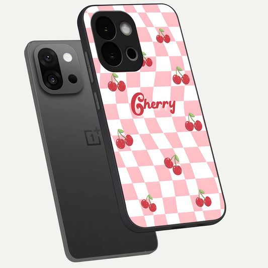  Sweet Cherry Vibes phone case For OnePlus 13S showing premium glass back cover with detailed artwork
