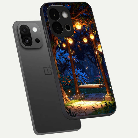  Twilight Garden Swing phone case For OnePlus 13S showing premium glass back cover with detailed artwork