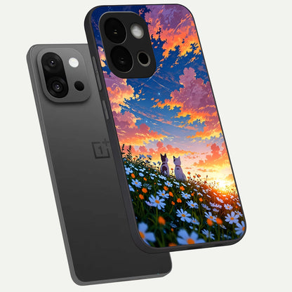  Two Cats Friends phone case For OnePlus 13S showing premium glass back cover with detailed artwork