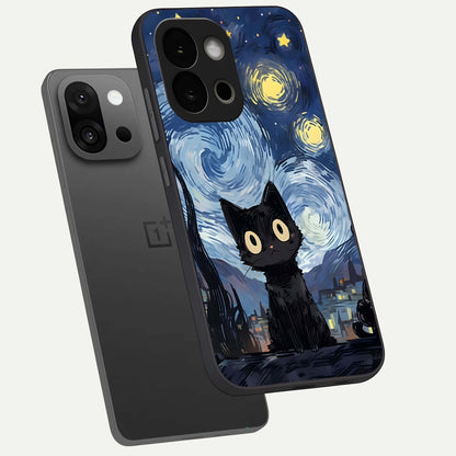  Van Gogh Cat phone case For OnePlus 13S showing premium glass back cover with detailed artwork