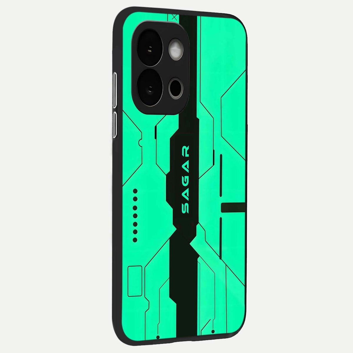  Aqua Tech CYBERPUNK Custom Name back cover For OnePlus 13S slim fit glass case with vibrant aesthetic design