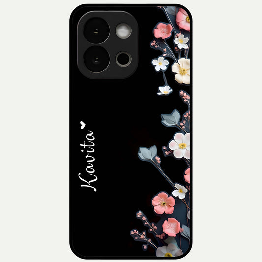  Black Elegance Floral Custom Name Glass Case For OnePlus 13S back cover – full design glossy printed glass finish