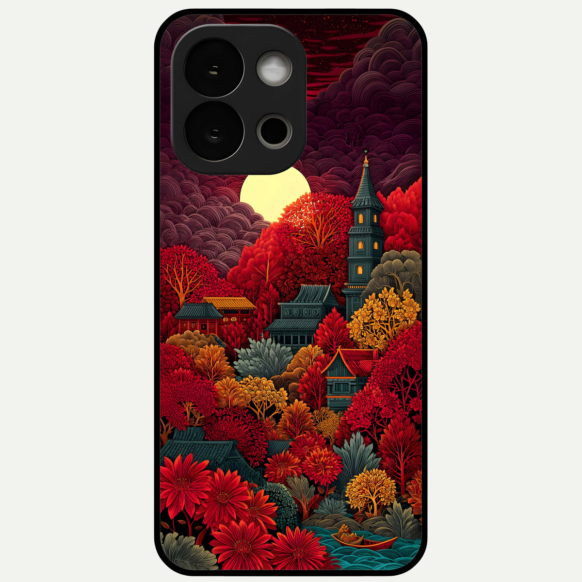  Scarlet Autumn Temple Glass Case For OnePlus 13S back cover – full design glossy printed glass finish