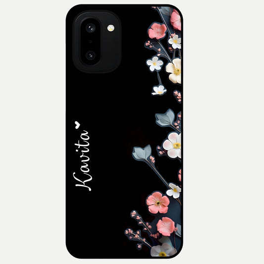  Black Elegance Floral Custom Name Glass Case For Oneplus 15R back cover – full design glossy printed glass finish