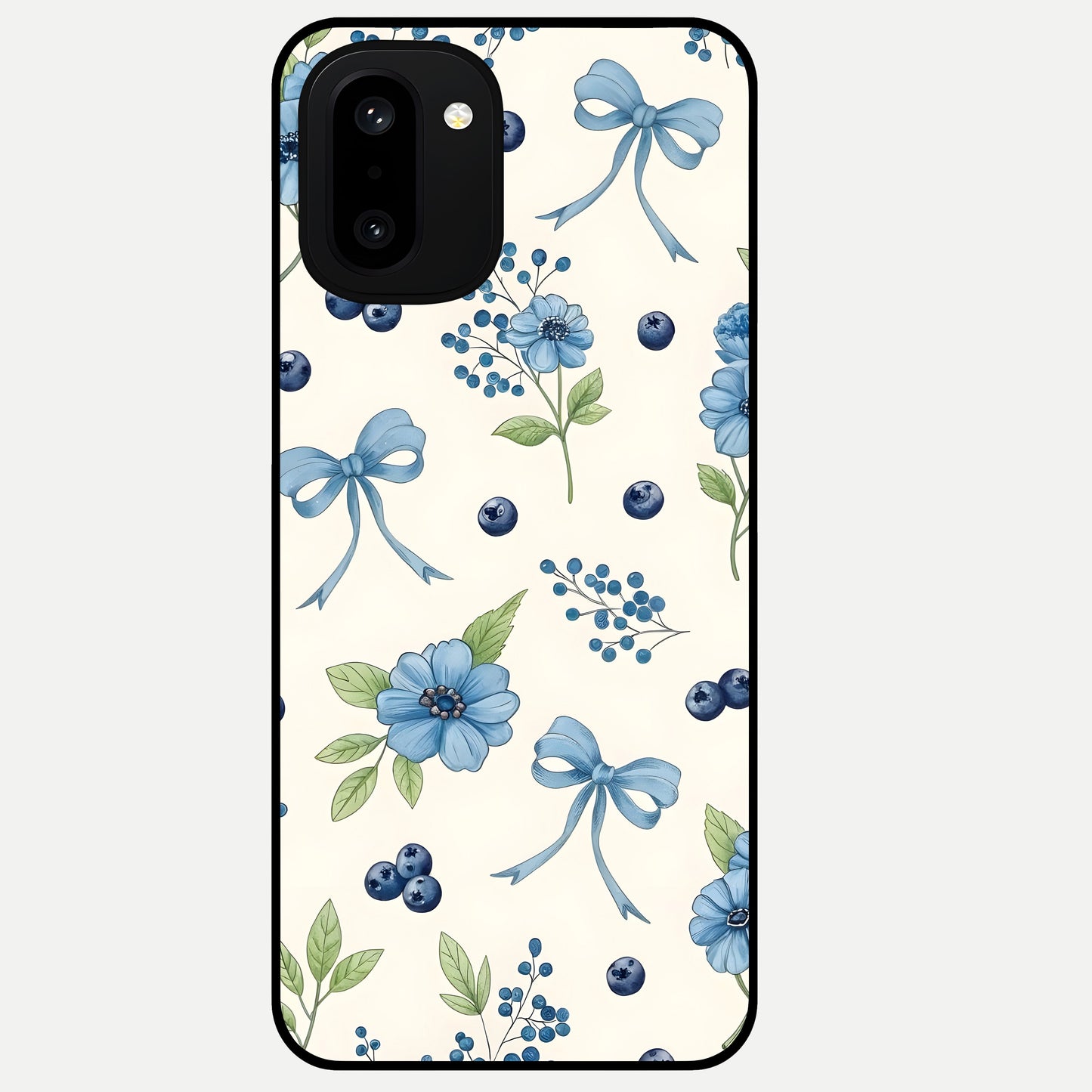  Blue Flower And Bow Glass Case For Oneplus 15R back cover – full design glossy printed glass finish