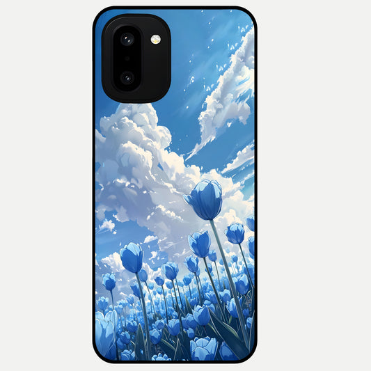  Blue Tulip Clouds Glass Case For Oneplus 15R back cover – full design glossy printed glass finish