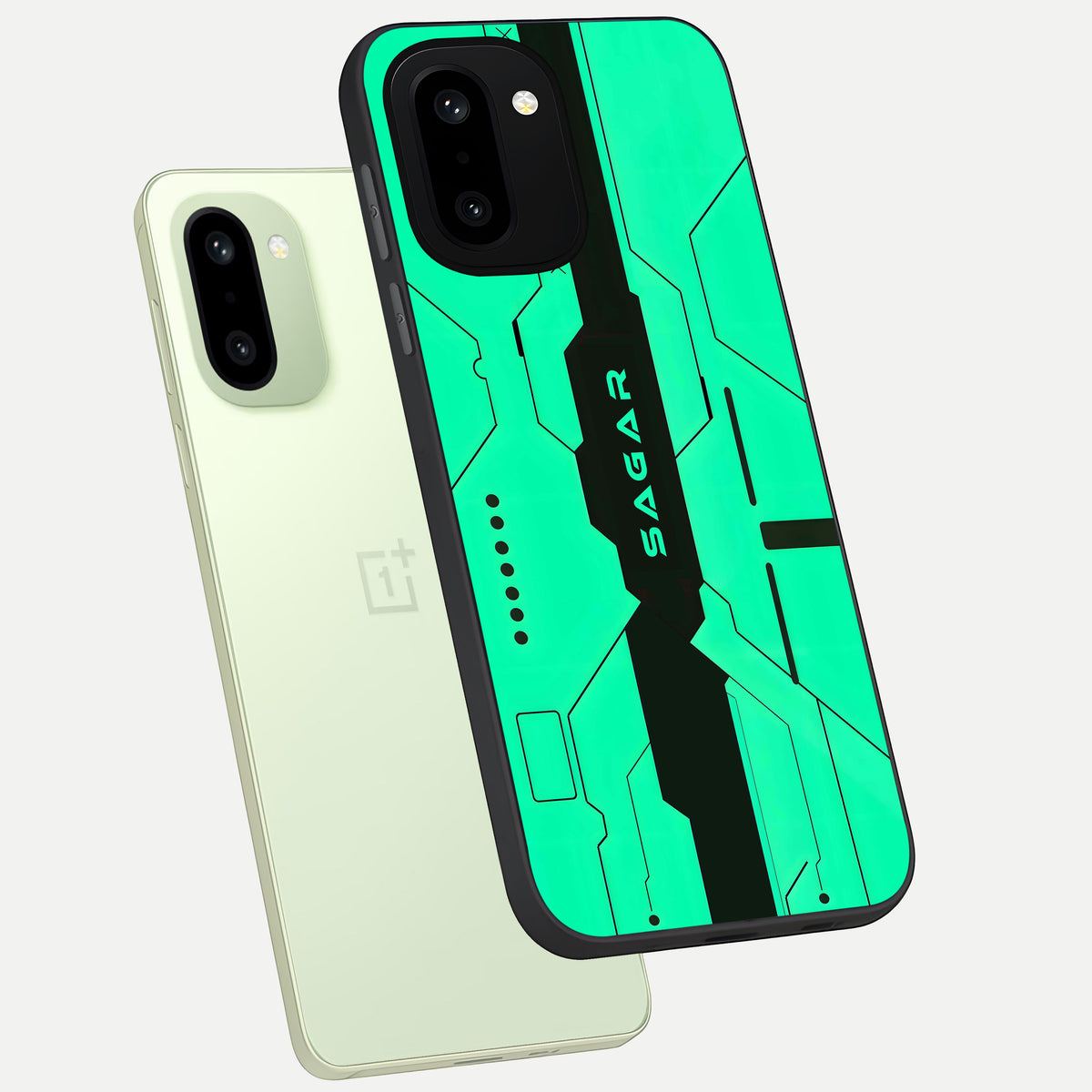  Aqua Tech CYBERPUNK Custom Name phone case For Oneplus 15R showing premium glass back cover with detailed artwork