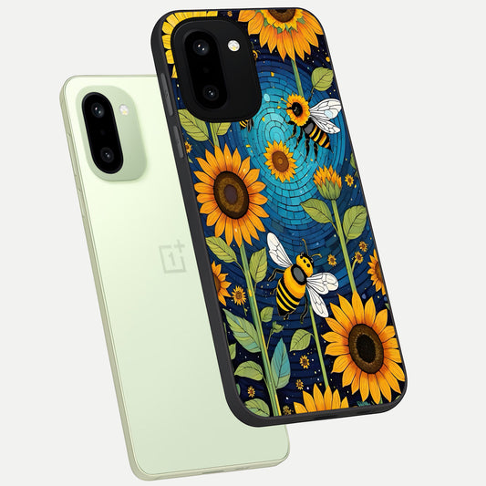 Bees And Sunflowers phone case For Oneplus 15R showing premium glass back cover with detailed artwork