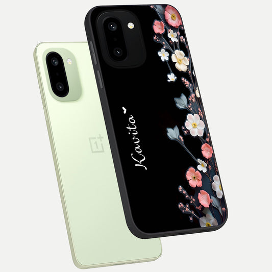  Black Elegance Floral Custom Name phone case For Oneplus 15R showing premium glass back cover with detailed artwork