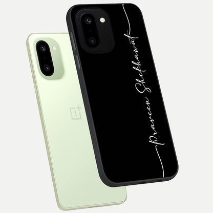  Black Tune Custom Name phone case For Oneplus 15R showing premium glass back cover with detailed artwork