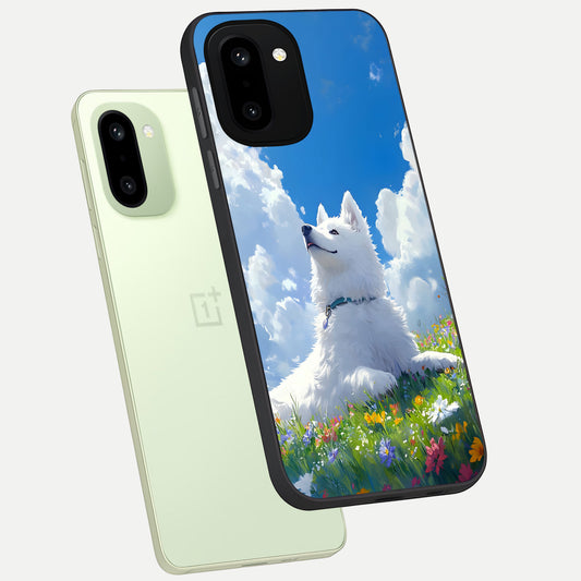  Blissful Cloud Pup phone case For Oneplus 15R showing premium glass back cover with detailed artwork