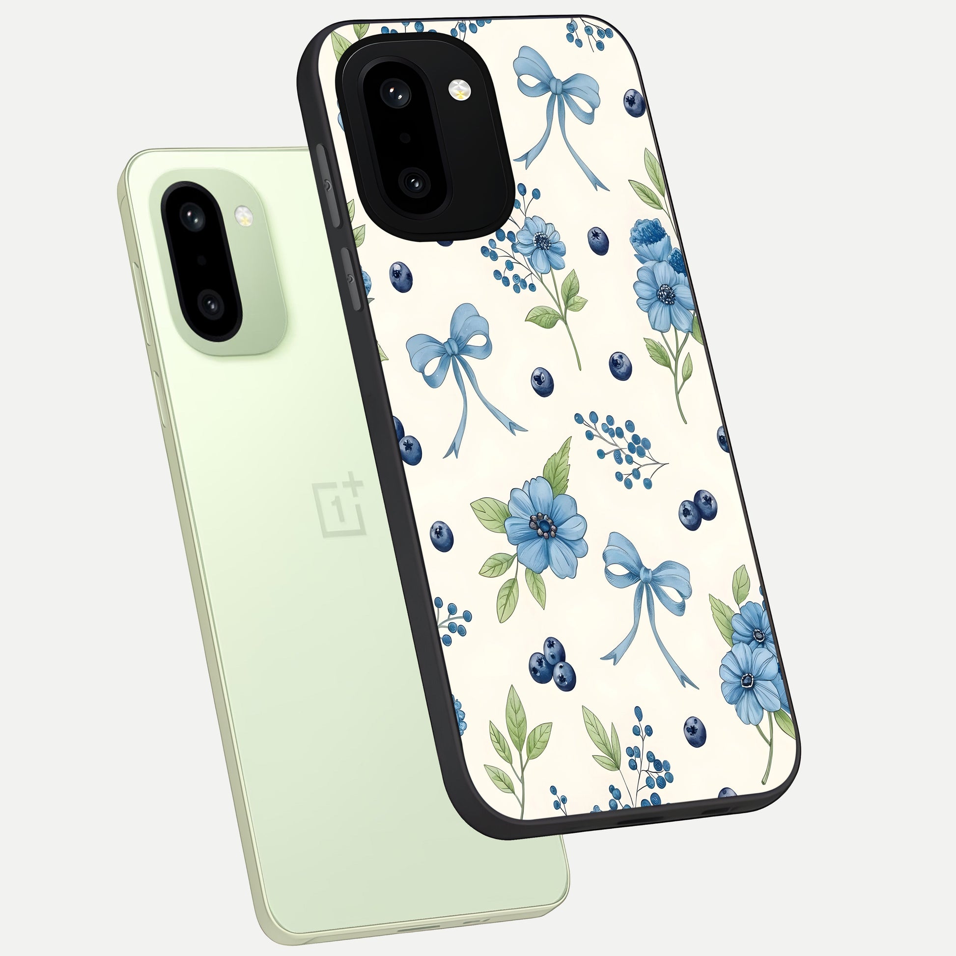  Blue Flower And Bow phone case For Oneplus 15R showing premium glass back cover with detailed artwork