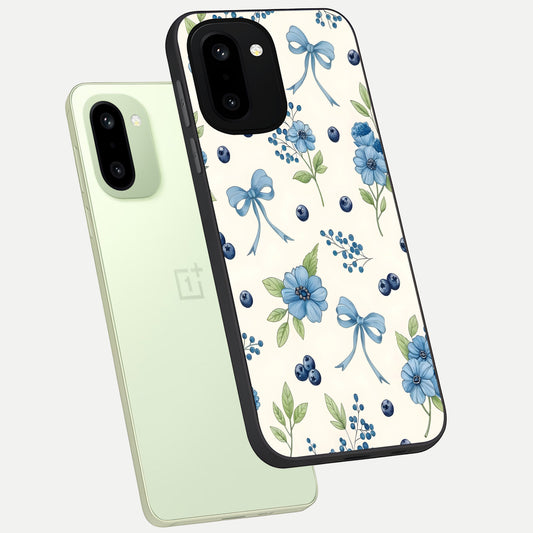  Blue Flower And Bow phone case For Oneplus 15R showing premium glass back cover with detailed artwork