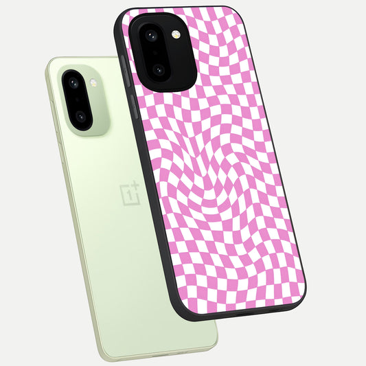  Bubblegum Check Wave phone case For Oneplus 15R showing premium glass back cover with detailed artwork