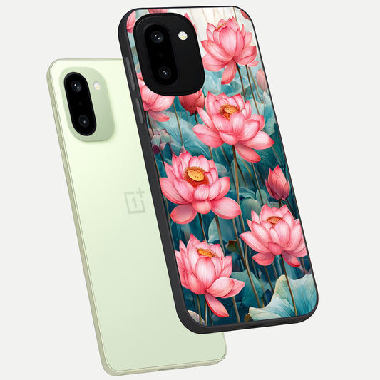  Celestial Pink Lotus phone case For Oneplus 15R showing premium glass back cover with detailed artwork