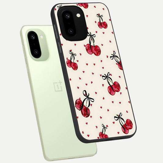  Cherry Heart Bow phone case For Oneplus 15R showing premium glass back cover with detailed artwork