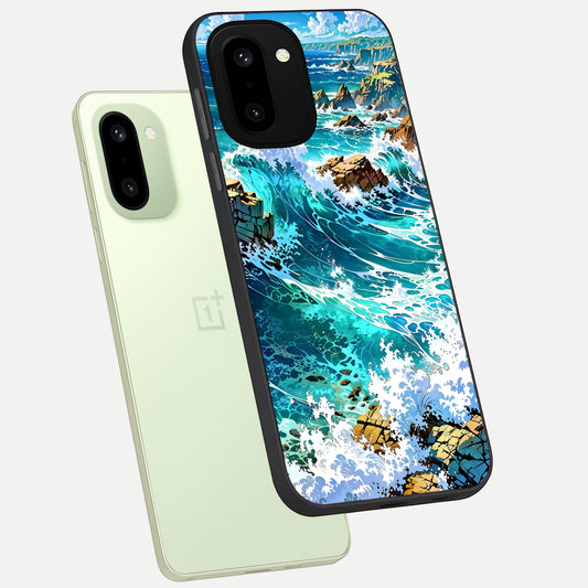  Coastal Blue Waves phone case For Oneplus 15R showing premium glass back cover with detailed artwork