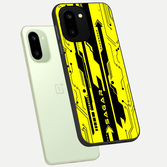  Electric Pulse CYBERPUNK Custom Name phone case For Oneplus 15R showing premium glass back cover with detailed artwork