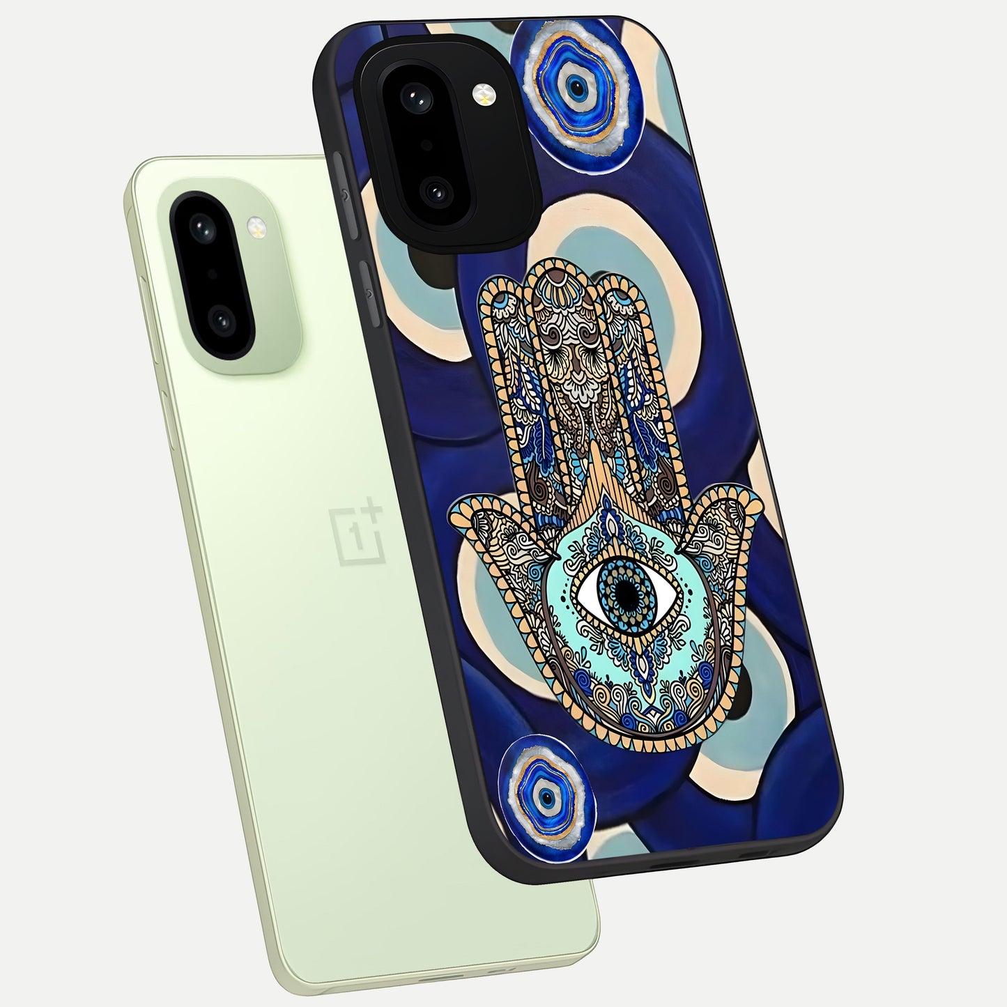  Hamsa Divine Guard phone case For Oneplus 15R showing premium glass back cover with detailed artwork