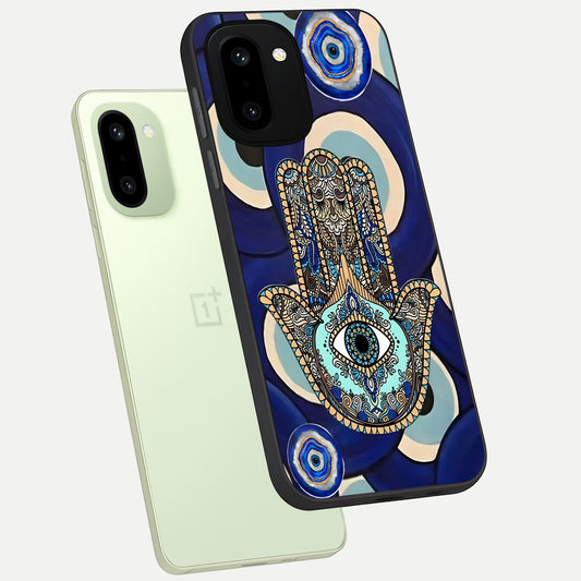  Hamsa Divine Guard phone case For Oneplus 15R showing premium glass back cover with detailed artwork