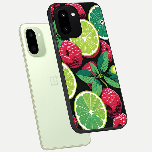  Lime and Raspberry Pattern phone case For Oneplus 15R showing premium glass back cover with detailed artwork