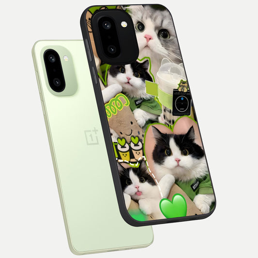  Matcha Cats Mood phone case For Oneplus 15R showing premium glass back cover with detailed artwork