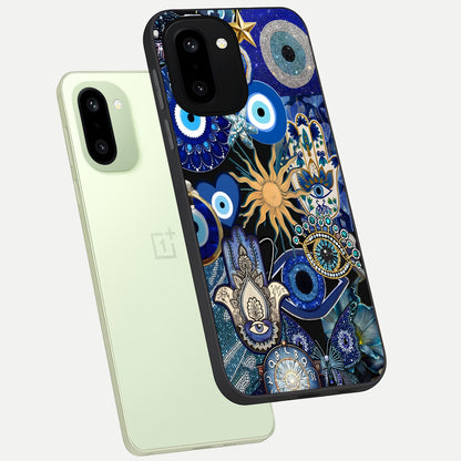  Mystic Blue Evil Eye phone case For Oneplus 15R showing premium glass back cover with detailed artwork