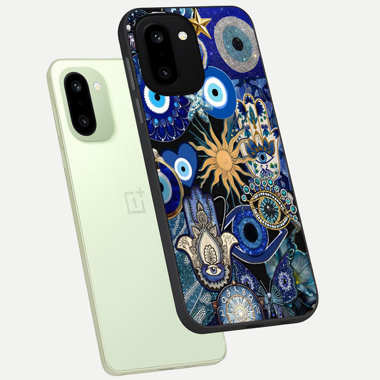  Mystic Blue Evil Eye phone case For Oneplus 15R showing premium glass back cover with detailed artwork