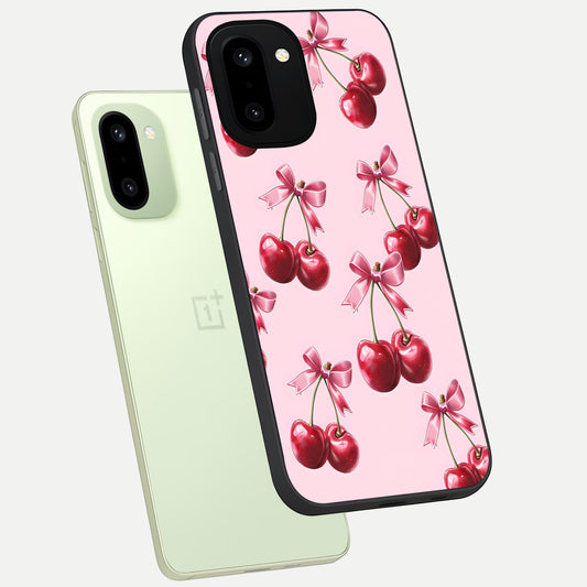  Red Cherries Pattern phone case For Oneplus 15R showing premium glass back cover with detailed artwork