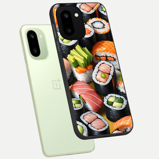  Sushi Food Pattern phone case For Oneplus 15R showing premium glass back cover with detailed artwork
