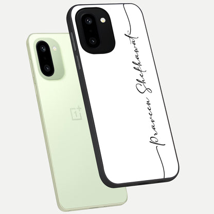  White Tune Custom Name phone case For Oneplus 15R showing premium custom name glass back cover