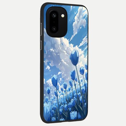  Blue Tulip Clouds back cover For Oneplus 15R slim fit glass case with vibrant aesthetic design