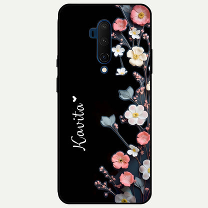 Black Elegance Floral Custom Name Glass Case For OnePlus 7T Pro back cover – full design glossy printed glass finish