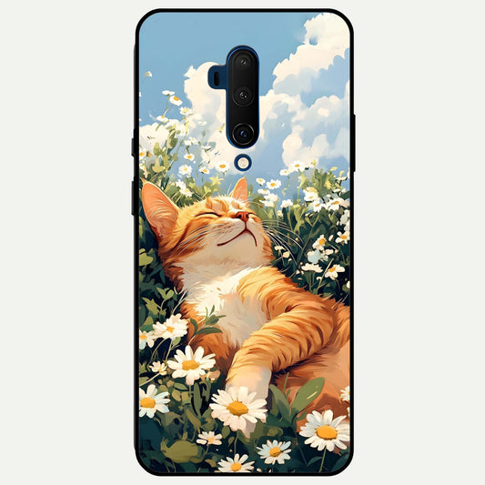  Cat And Flowers View Glass Case For OnePlus 7T Pro back cover – full design glossy printed glass finish