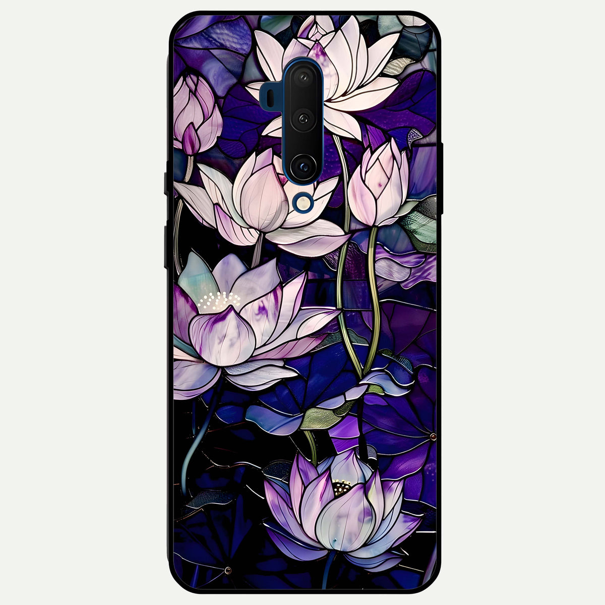  Purple Lotus Pattern Glass Case For OnePlus 7T Pro back cover – full design glossy printed glass finish