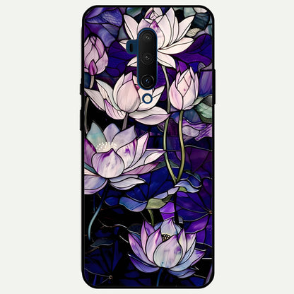  Purple Lotus Pattern Glass Case For OnePlus 7T Pro back cover – full design glossy printed glass finish