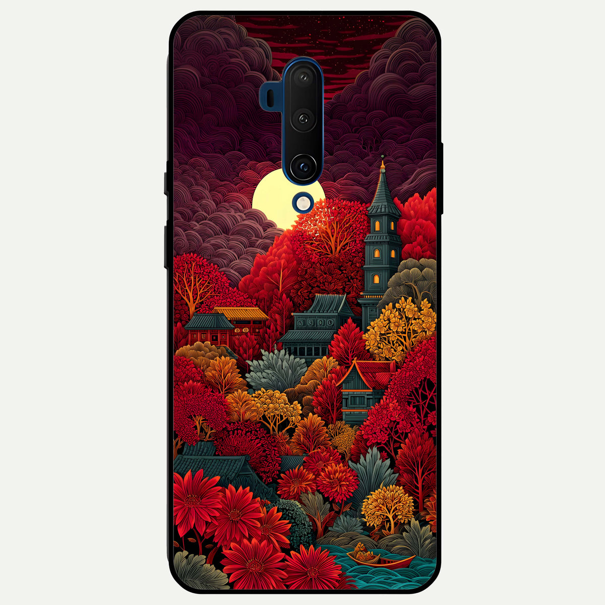  Scarlet Autumn Temple Glass Case For OnePlus 7T Pro back cover – full design glossy printed glass finish