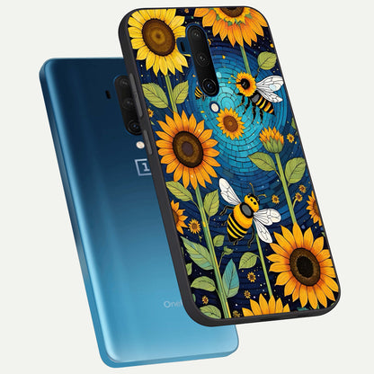  Bees And Sunflowers phone case For OnePlus 7T Pro showing premium glass back cover with detailed artwork