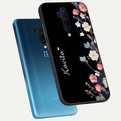  Black Elegance Floral Custom Name phone case For OnePlus 7T Pro showing premium glass back cover with detailed artwork