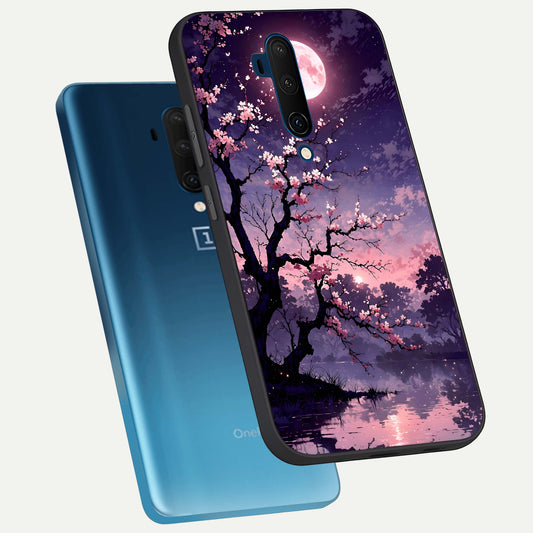  Blossom Pink Moon phone case For OnePlus 7T Pro showing premium glass back cover with detailed artwork