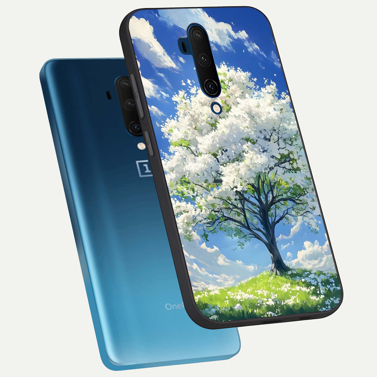  Blossom Sky Serenity phone case For OnePlus 7T Pro showing premium glass back cover with detailed artwork