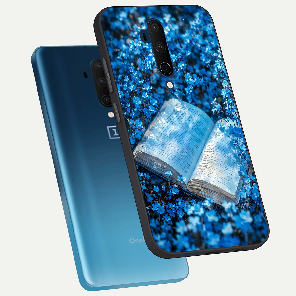  Blue Bloom Tales phone case For OnePlus 7T Pro showing premium glass back cover with detailed artwork