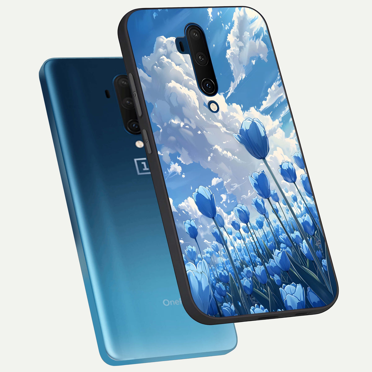  Blue Tulip Clouds phone case For OnePlus 7T Pro showing premium glass back cover with detailed artwork