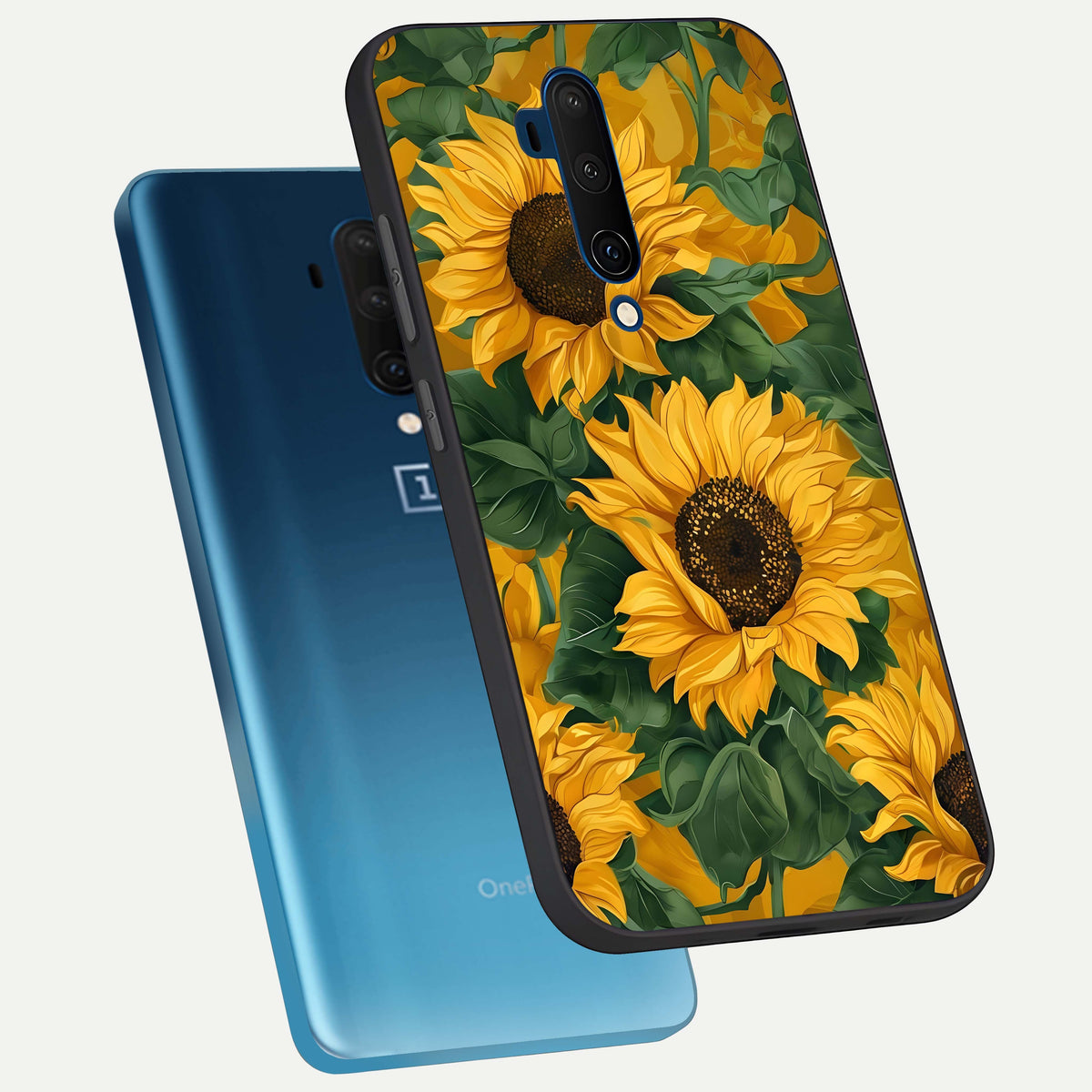  Bright Sunflower Bloom phone case For OnePlus 7T Pro showing premium glass back cover with detailed artwork