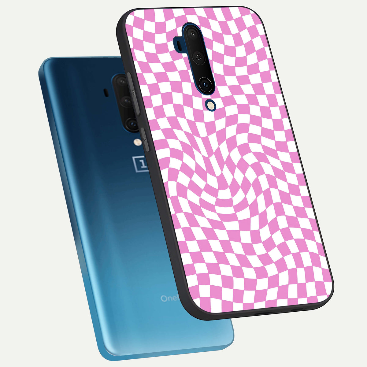  Bubblegum Check Wave phone case For OnePlus 7T Pro showing premium glass back cover with detailed artwork
