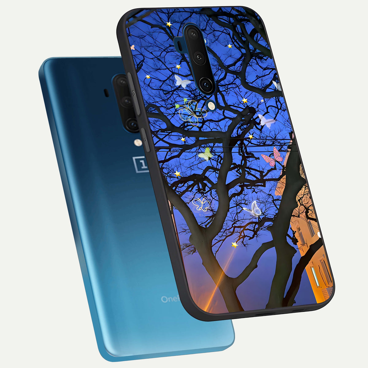  Butterfly Night Magic phone case For OnePlus 7T Pro showing premium glass back cover with detailed artwork