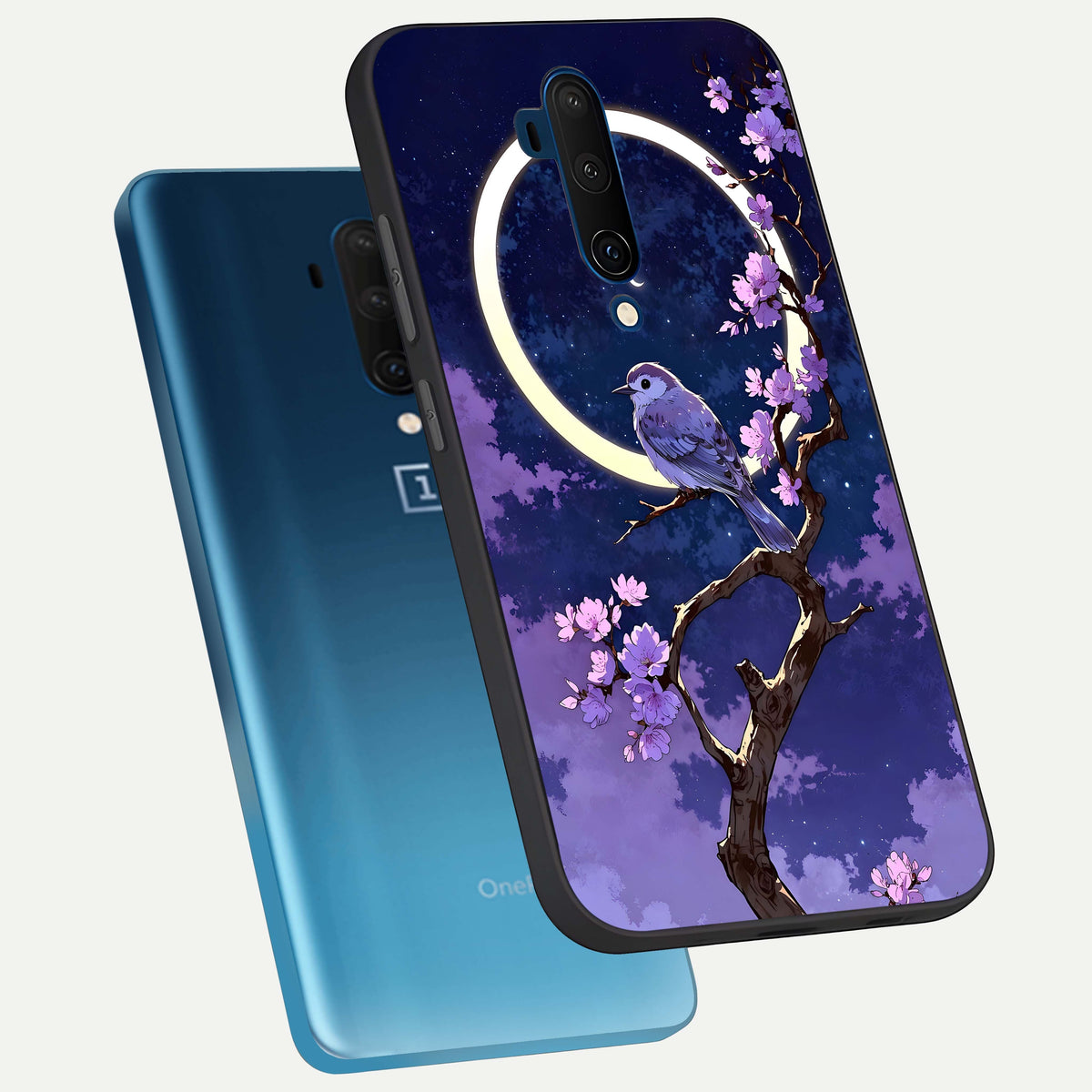 Celestial Bird Blossom phone case For OnePlus 7T Pro showing premium glass back cover with detailed artwork